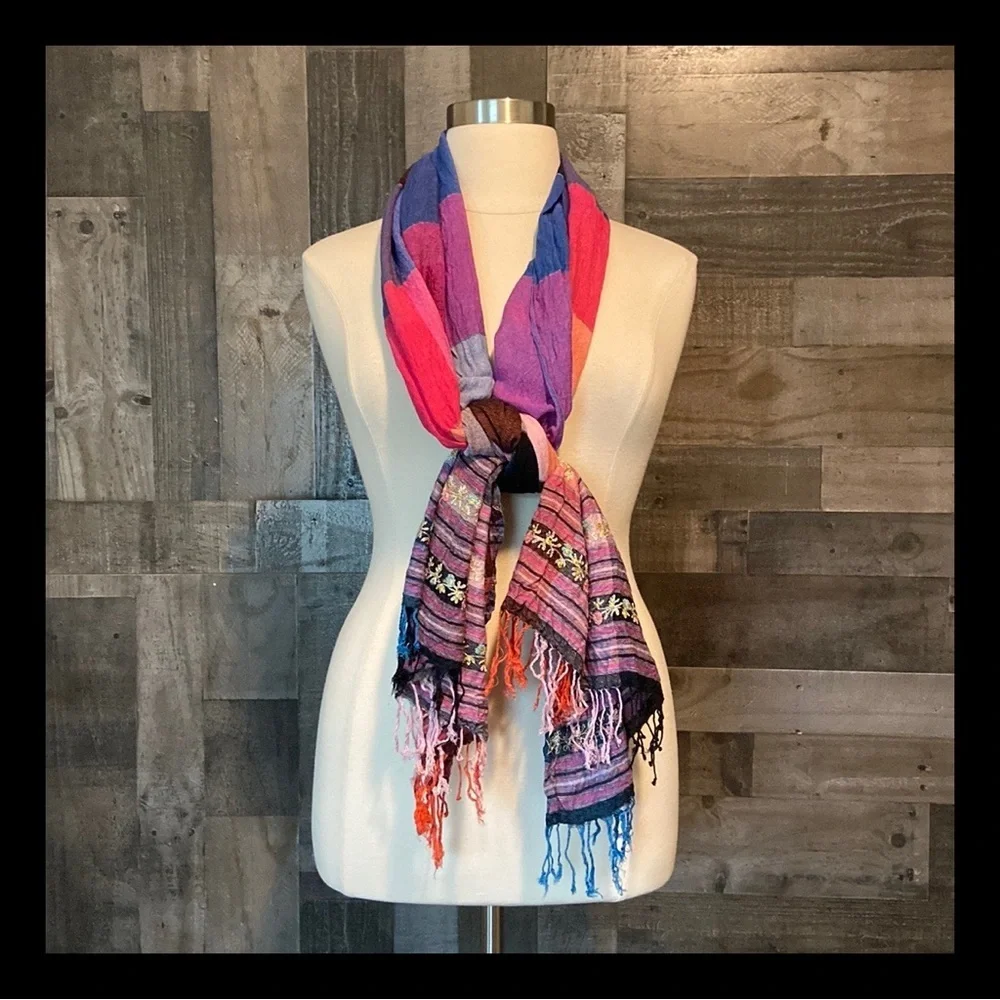 Rainbow patchwork scarf floral embroidery quiet luxury resortwear glam vacation